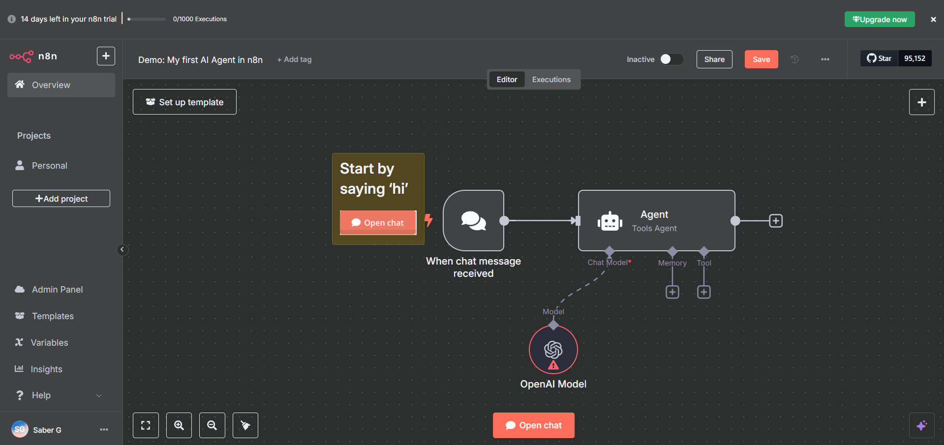 Beginning View: of n8n workflow