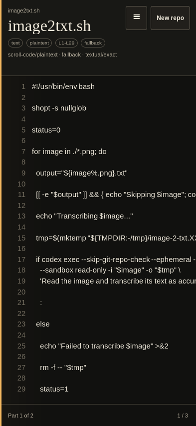 Scroll Code showing a public repository as a phone sized feed of source cards